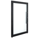 An Empura Refrigeration black metal-framed glass display case Door Left is shown standing upright at an angle, featuring three visible lock mechanisms along one vertical side, set against a plain white background.