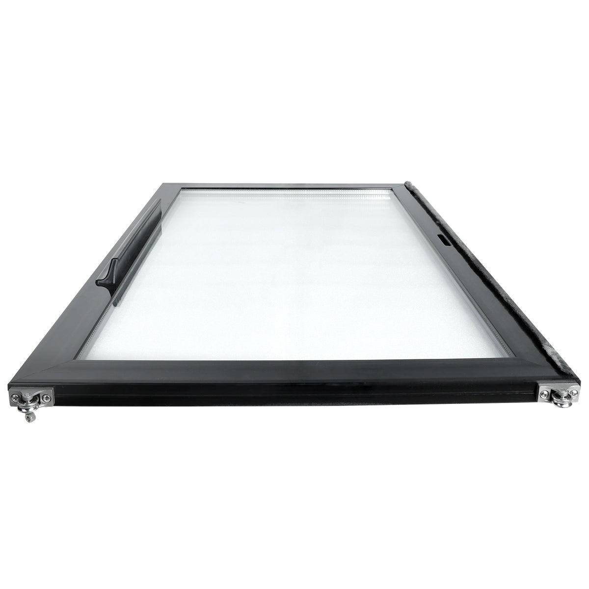 A rectangular, black-framed glass panel—likely an Empura Refrigeration Door Left—with mounting hardware at each corner, viewed from a low angle. The panel has a handle on one side and appears to be an enclosure or appliance door. The glass surface is clear and clean.
