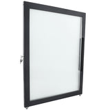 This black, rectangular metal-framed glass display case door from Empura Refrigeration stands upright, featuring a Door Right design with a black handle and lock with key. The clear glass panel is unadorned for full visibility.