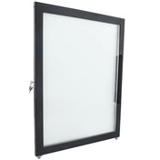 This black, rectangular metal-framed glass display case door from Empura Refrigeration stands upright, featuring a Door Right design with a black handle and lock with key. The clear glass panel is unadorned for full visibility.