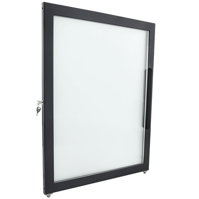 This black, rectangular metal-framed glass display case door from Empura Refrigeration stands upright, featuring a Door Right design with a black handle and lock with key. The clear glass panel is unadorned for full visibility.