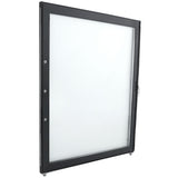 A black, rectangular Empura Parts display case with a glass front is shown from an angle. The Door Right side features a key lock, and three mounting holes line the left edge for securely wall-hanging notices or items.