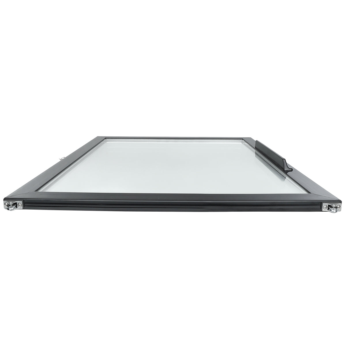 A rectangular glass window from Empura Refrigeration with a slim black frame is shown lying flat, viewed from a low angle at one end. A horizontal handle is visible on the upper right side of this Empura Parts door. The glass surface reflects some light.