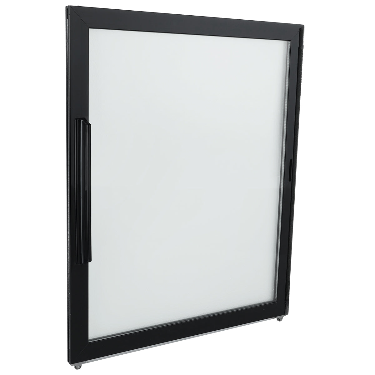 A rectangular, modern glass door (Left) with a black frame and vertical handle, from Empura Refrigeration, stands upright at a slight angle against a white background. The clear glass highlights the sleek Empura Parts design.