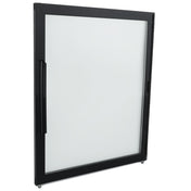 A rectangular, modern glass door (Left) with a black frame and vertical handle, from Empura Refrigeration, stands upright at a slight angle against a white background. The clear glass highlights the sleek Empura Parts design.
