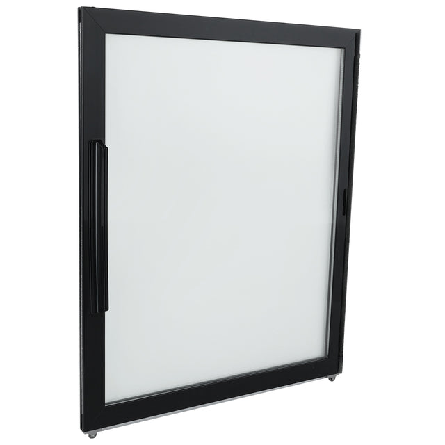 A rectangular, modern glass door (Left) with a black frame and vertical handle, from Empura Refrigeration, stands upright at a slight angle against a white background. The clear glass highlights the sleek Empura Parts design.