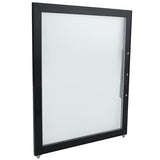 A black-framed glass door (left) stands upright at an angle, featuring three round locks or hinge points on the right edge. The frosted glass pane and sleek, modern style make it an ideal replacement for Empura Refrigeration units.
