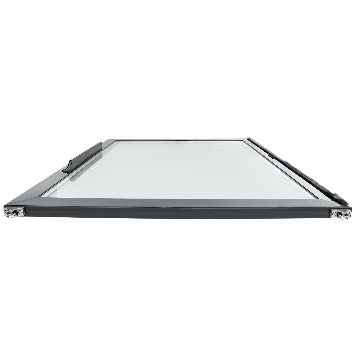A rectangular glass panel with a dark frame, viewed from a low angle, almost level with its surface. Featuring angular corners and a handle on one edge, this could be an Empura Refrigeration Door (Left). The background is completely white.
