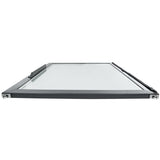 A rectangular glass panel with a dark frame, viewed from a low angle, almost level with its surface. Featuring angular corners and a handle on one edge, this could be an Empura Refrigeration Door (Left). The background is completely white.
