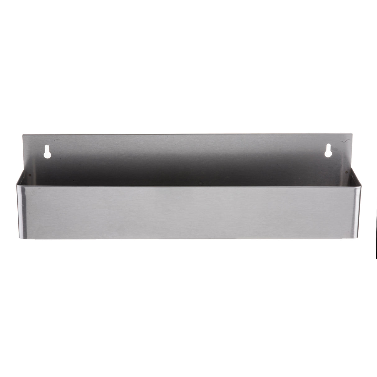 A rectangular stainless steel wall-mounted storage bin with a flat back panel featuring two keyhole slots for hanging. The silver bin, inspired by Speed Rail design, has smooth edges and an open top—perfect for holding small items or tools.