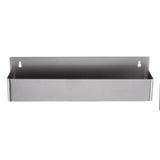 A rectangular stainless steel wall-mounted storage bin with a flat back panel featuring two keyhole slots for hanging. The silver bin, inspired by Speed Rail design, has smooth edges and an open top—perfect for holding small items or tools.