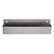 A rectangular stainless steel wall-mounted storage bin with a flat back panel featuring two keyhole slots for hanging. The silver bin, inspired by Speed Rail design, has smooth edges and an open top—perfect for holding small items or tools.