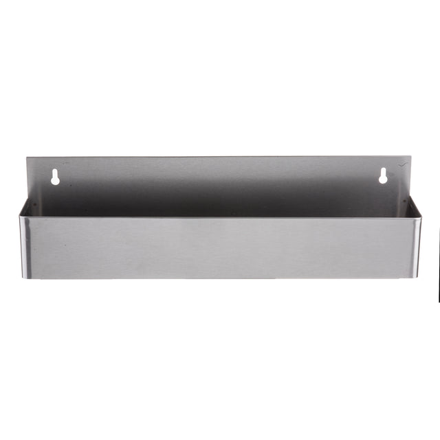A rectangular stainless steel wall-mounted storage bin with a flat back panel featuring two keyhole slots for hanging. The silver bin, inspired by Speed Rail design, has smooth edges and an open top—perfect for holding small items or tools.