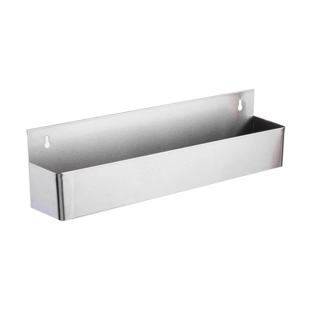 A rectangular, stainless steel wall-mounted storage bin with a flat back panel featuring two keyhole slots for hanging. The open-top container is plain, with smooth surfaces and rounded corners, ideal for organizing small items or tools.
