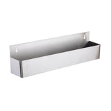 A rectangular, stainless steel wall-mounted storage bin with a flat back panel featuring two keyhole slots for hanging. The open-top container is plain, with smooth surfaces and rounded corners, ideal for organizing small items or tools.