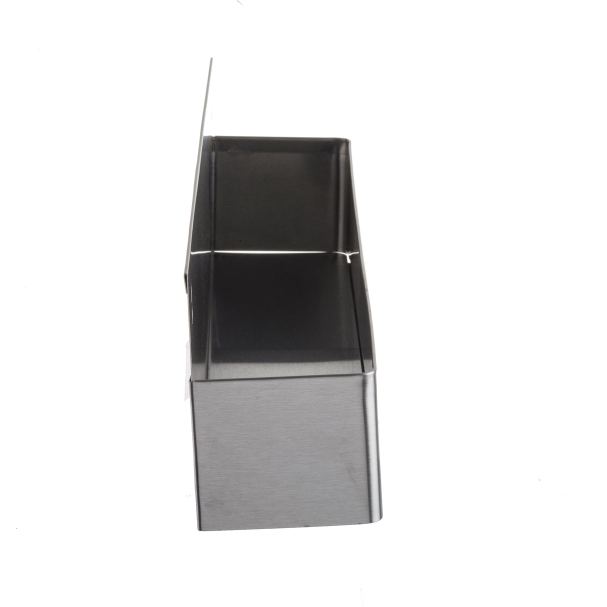A stainless steel Speed Rail rectangular box with an open top and a slanted front edge, shown from a side angle against a plain white background. The box features smooth, clean lines, a modern industrial look, and is dishwasher safe.