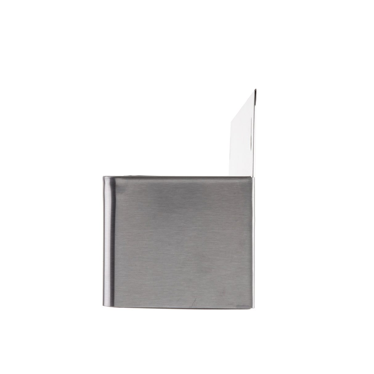 A stainless steel wall-mounted holder, resembling a compact speed rail, is shown in profile against a white background. Its rectangular body with a smooth, brushed metal finish and upright backplate suggests it holds or dispenses items.