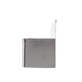 A stainless steel wall-mounted holder, resembling a compact speed rail, is shown in profile against a white background. Its rectangular body with a smooth, brushed metal finish and upright backplate suggests it holds or dispenses items.