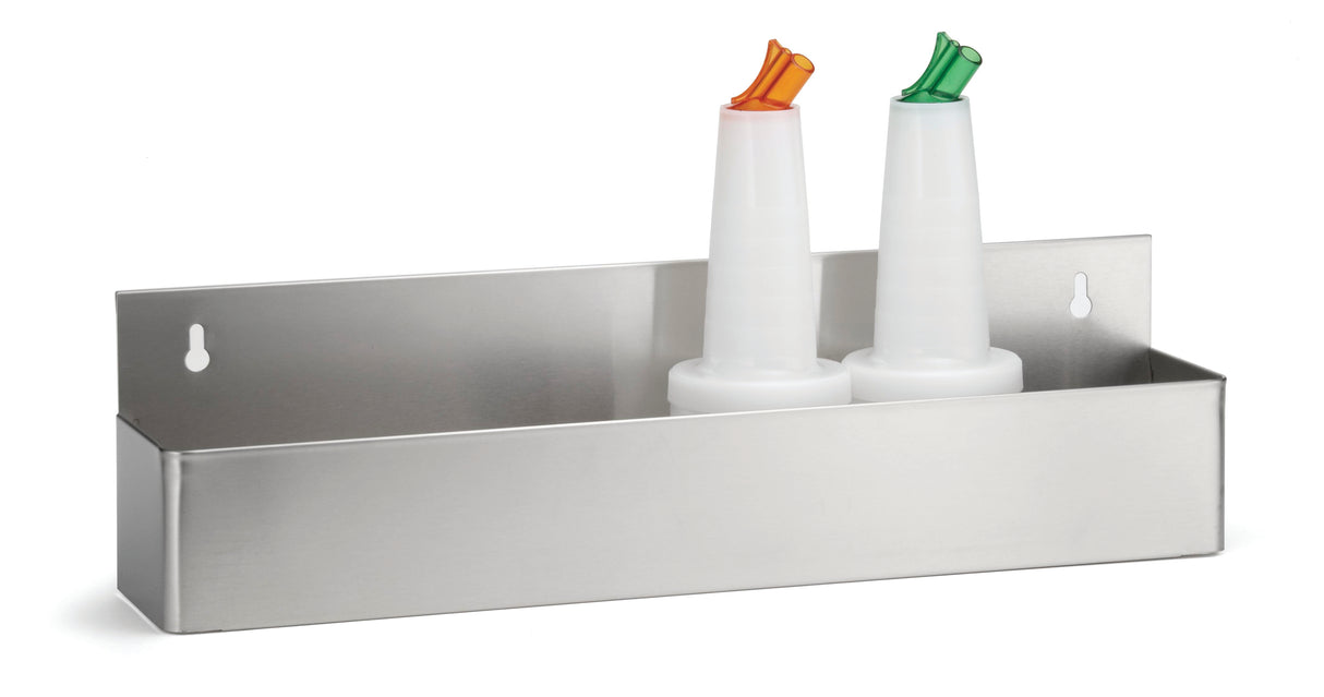 A rectangular stainless steel speed rail wall-mounted holder contains two white plastic pour bottles with long, colored spouts. The holder is dishwasher safe and features two holes for easy wall mounting.