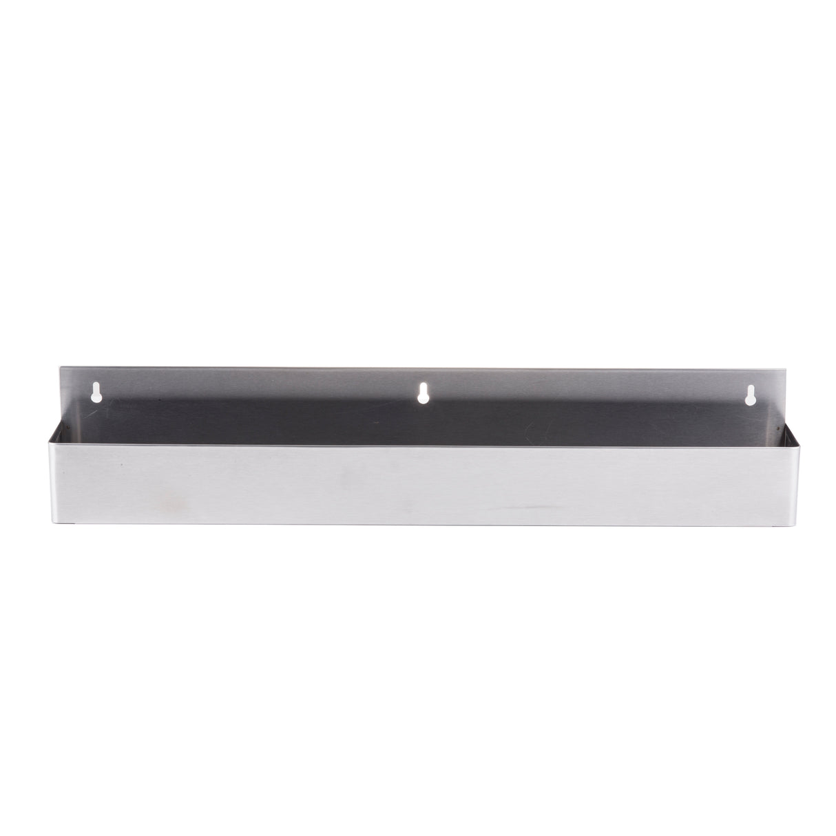 A 32 inch stainless steel wall-mounted shelf with raised edges and three mounting holes along the back panel, photographed against a white background—ideal as a durable Speed Rail for busy workspaces.