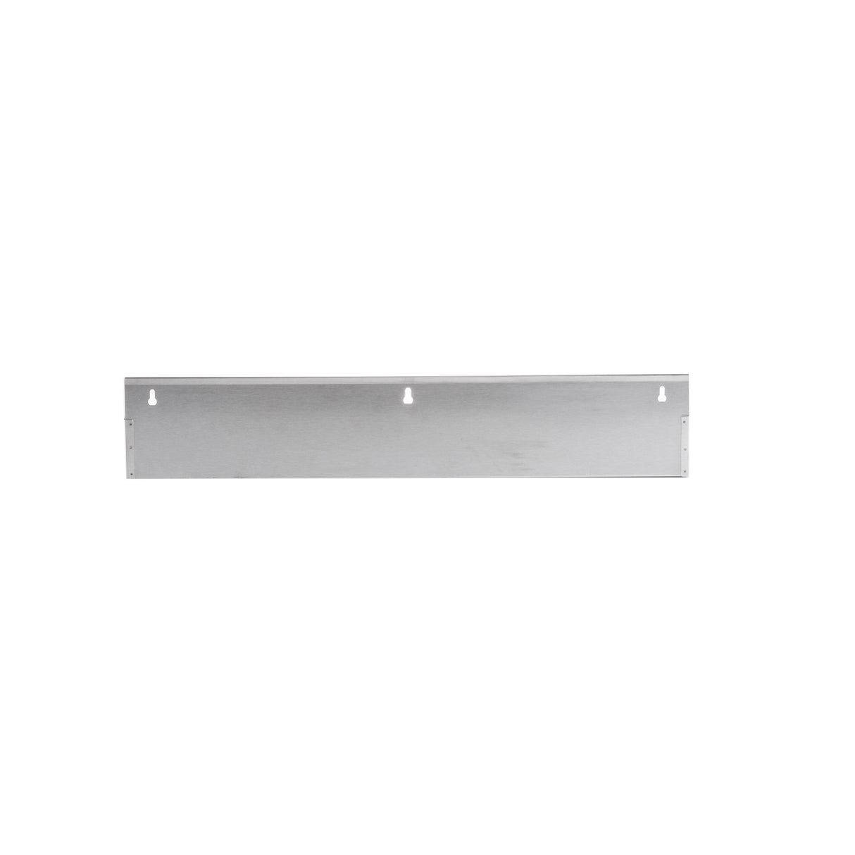 A rectangular stainless steel wall plate with a brushed finish and four mounting holes, one near each corner. The plate appears flat against a plain white background, with no visible logos or text.