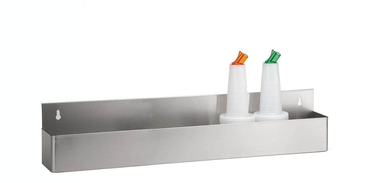 A stainless steel Speed Rail wall-mounted holder with two white plastic pour bottles inside—one with an orange spout, the other green. The simple holder has two visible mounting holes in the back, against a white background.