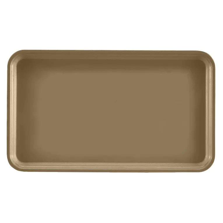 A rectangular, light brown Camtray with rounded corners and slightly raised edges, viewed from above against a plain white background. The dishwasher safe tray is empty and has a smooth, durable surface.