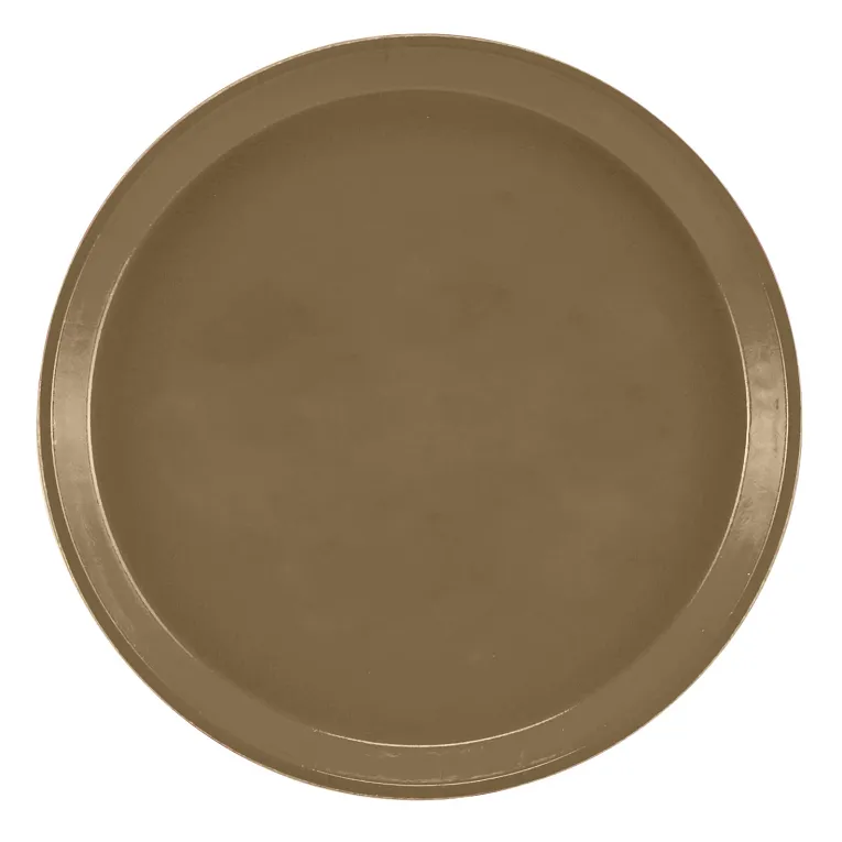 A round, plain brown Serving Camtray fiberglass tray with a smooth surface and slightly raised edge, seen from above on a white background. The tray is undecorated and dishwasher safe.