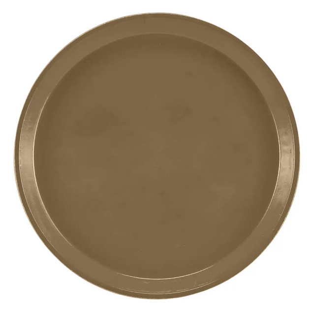 A plain, round brown fiberglass tray with a slightly raised rim. The smooth, unpatterned Serving Camtray appears to be made of plastic or metal. NSF certified, the tray is viewed from above on a white background.