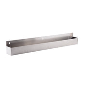 A 42 inch rectangular stainless steel wall-mounted shelf with a minimalist, speed rail-inspired design. Featuring a seamless, open-top construction and two keyhole slots on the back, the empty shelf is isolated on a white background.