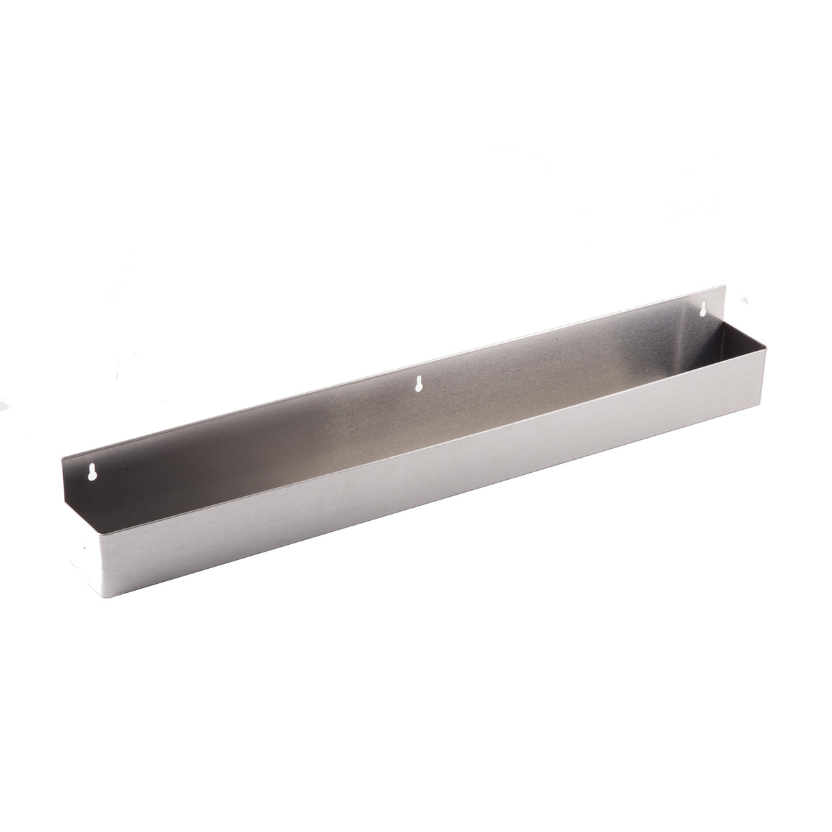 A 42-inch rectangular stainless steel wall-mounted shelf with a minimalist design, three mounting holes on the back panel, and an open top for storage. The clean, sharp edges and angled view evoke the modern look of a speed rail.