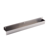A 42-inch rectangular stainless steel wall-mounted shelf with a minimalist design, three mounting holes on the back panel, and an open top for storage. The clean, sharp edges and angled view evoke the modern look of a speed rail.