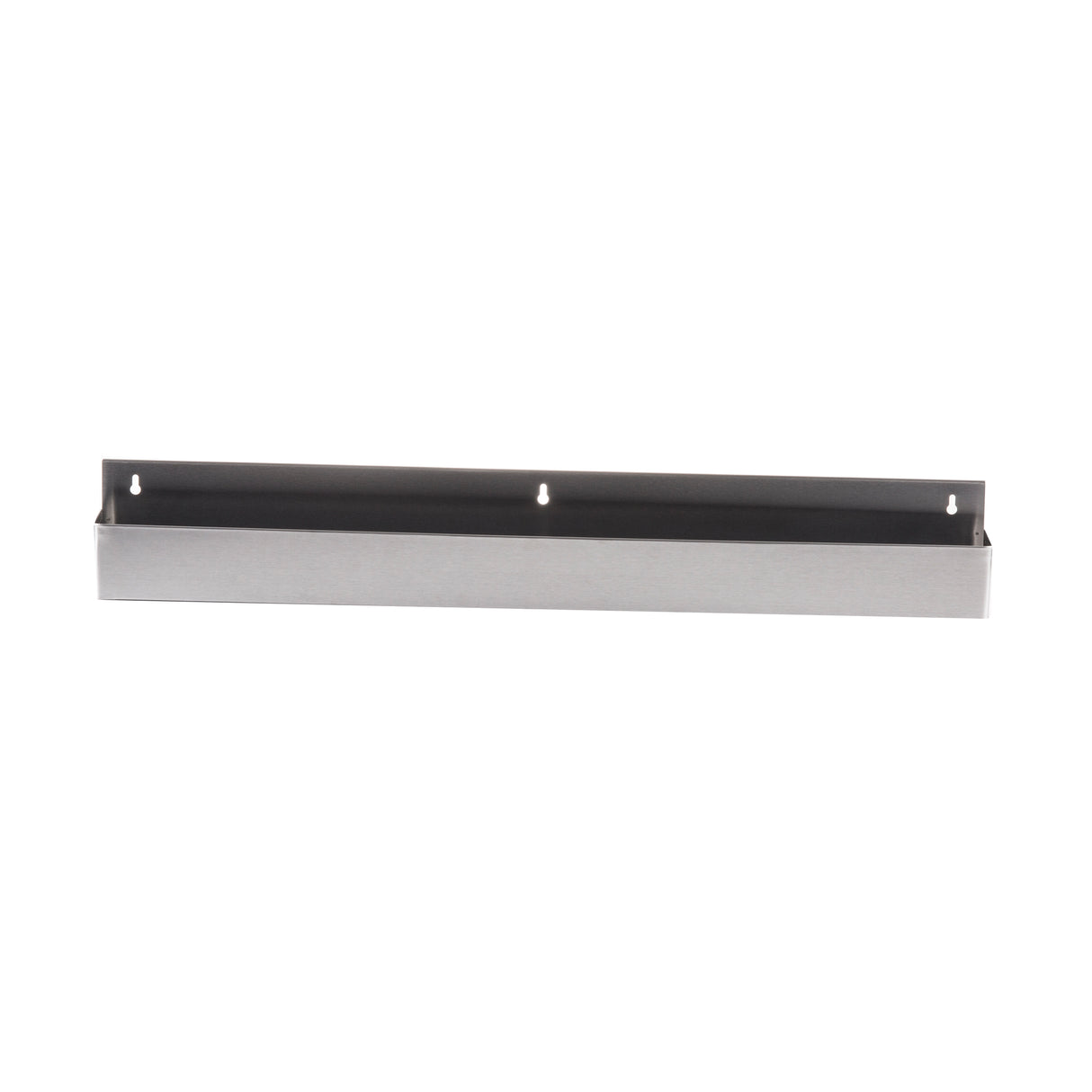 A 42 inch stainless steel wall-mounted shelf with a brushed finish, featuring a flat base, raised front edge, and three evenly spaced mounting holes along the back edge. The simple, modern design is perfect for use as a speed rail or storage solution.