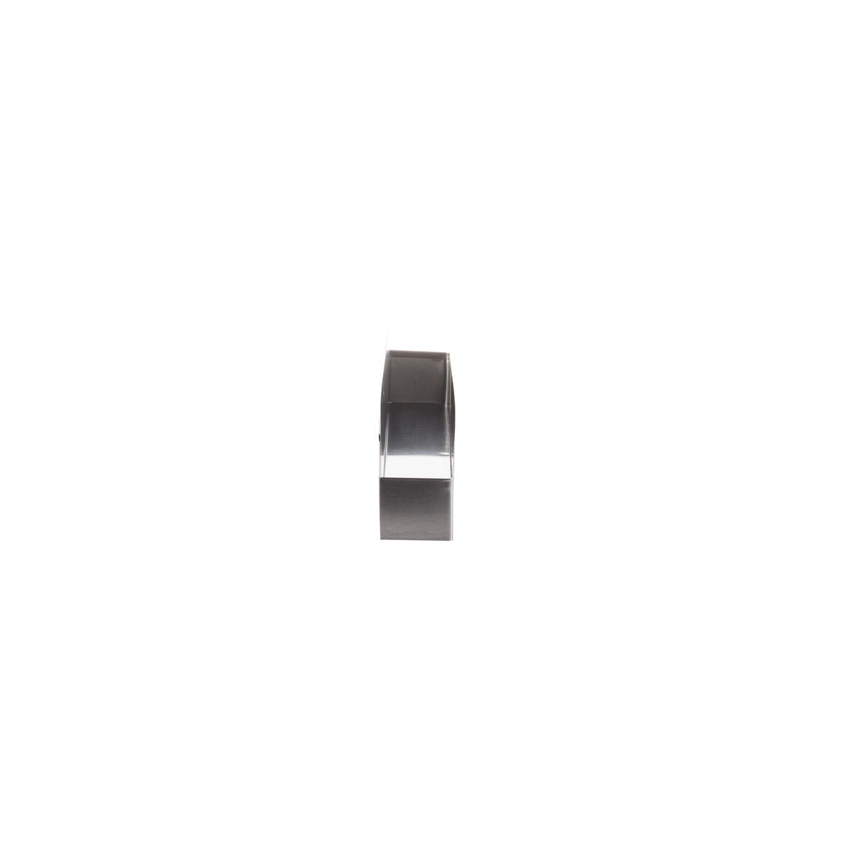 A single, clear roll of adhesive tape sits upright on a white background, shown from a front angle. The tape is wound around a plastic core and placed beside a sleek stainless steel speed rail, highlighting its cylindrical shape.