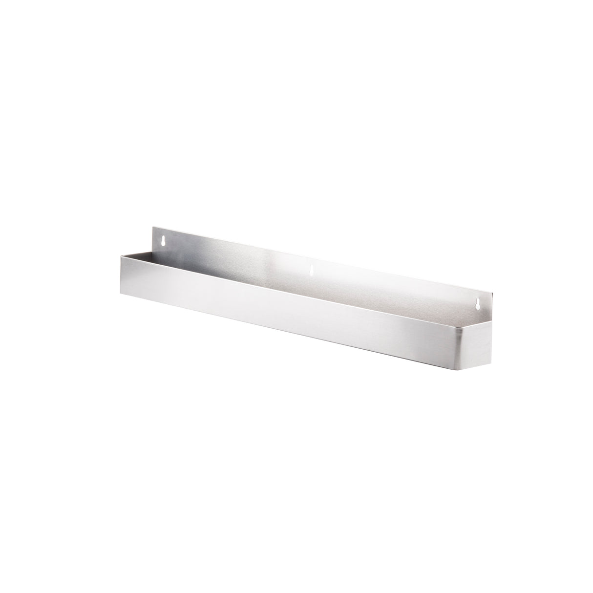 A silver, rectangular stainless steel wall shelf with a minimalist design. It features a flat bottom, raised sides, and a back panel with four keyhole slots for mounting. The 42 inch speed rail-style shelf is photographed against a plain white background.