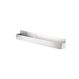 A silver, rectangular stainless steel wall shelf with a minimalist design. It features a flat bottom, raised sides, and a back panel with four keyhole slots for mounting. The 42 inch speed rail-style shelf is photographed against a plain white background.