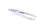 A shiny, chrome plated metal nutcracker with two handles and a ridged, oval-shaped double jaw gripping section in the center, designed for cracking nuts or Lobster Crack, is shown on a plain white background.