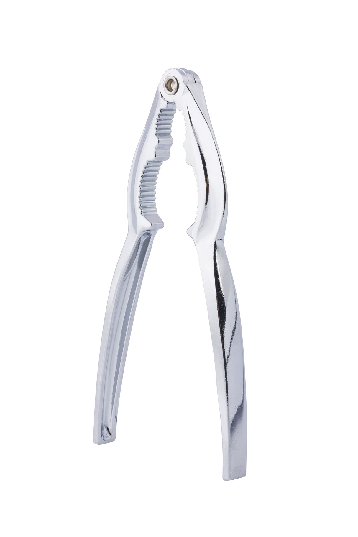 A shiny, chrome plated nutcracker with two curved, textured handles stands open. Its double jaw gripping area has jagged teeth for cracking shells, and a small hinge joins the handles at the top. The white background highlights the reflective metal surface.