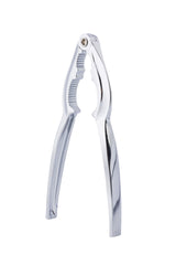 A shiny, chrome plated nutcracker with two curved, textured handles stands open. Its double jaw gripping area has jagged teeth for cracking shells, and a small hinge joins the handles at the top. The white background highlights the reflective metal surface.