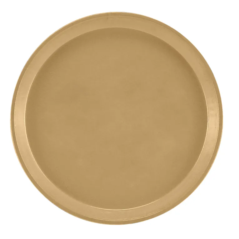 A round, flat, gold-colored Serving Camtray with a slightly raised rim. This fiberglass tray features a smooth, matte finish and is photographed from above against a plain white background. Durable and dishwasher safe for easy cleaning.