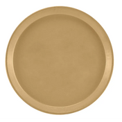 A round, flat, gold-colored Serving Camtray with a slightly raised rim. This fiberglass tray features a smooth, matte finish and is photographed from above against a plain white background. Durable and dishwasher safe for easy cleaning.