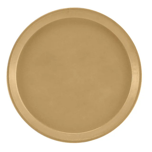A round, flat Serving Camtray with a raised edge, shown from above. The tray is a solid, matte gold fiberglass tray with a simple, smooth surface and no decorations. It’s dishwasher safe. The background is plain white.
