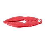 A bright red lobster crack nutcracker shaped like a claw, made of cast aluminum with a silver metal rivet at the hinge. The tool has ridged jaws inside for gripping and cracking shells, mimicking lobster pincers.