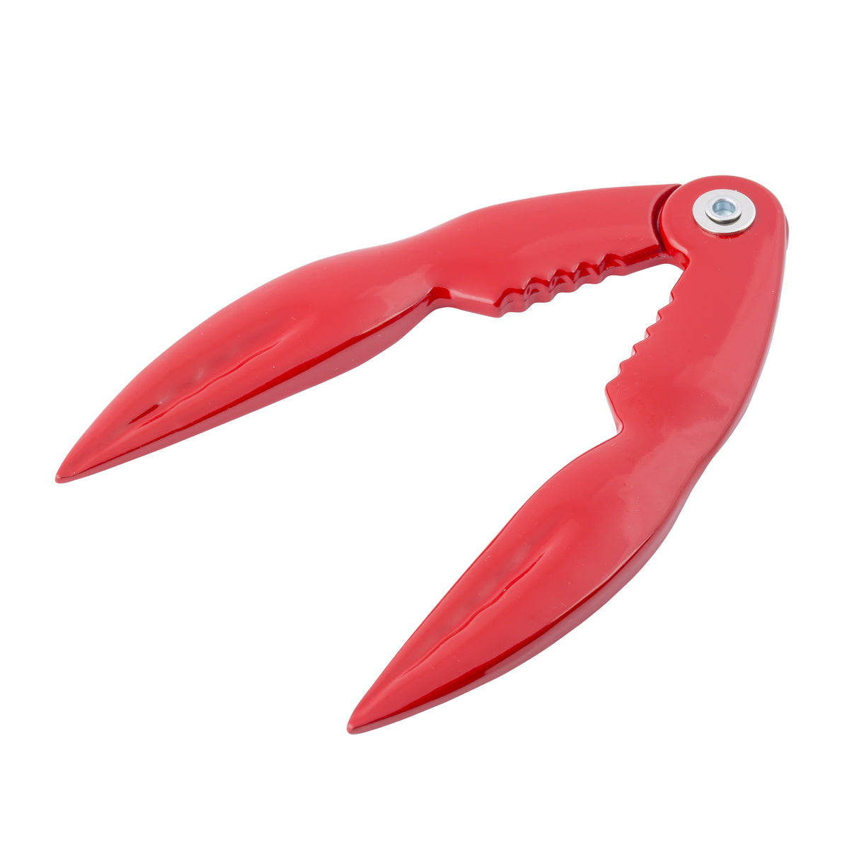 A red enamel crab cracker tool shaped like crab claws, with a metal hinge at the top. Made from cast aluminum, the handles have ridged grips for lobster crack and are smooth and glossy outside. The tool sits on a white background.