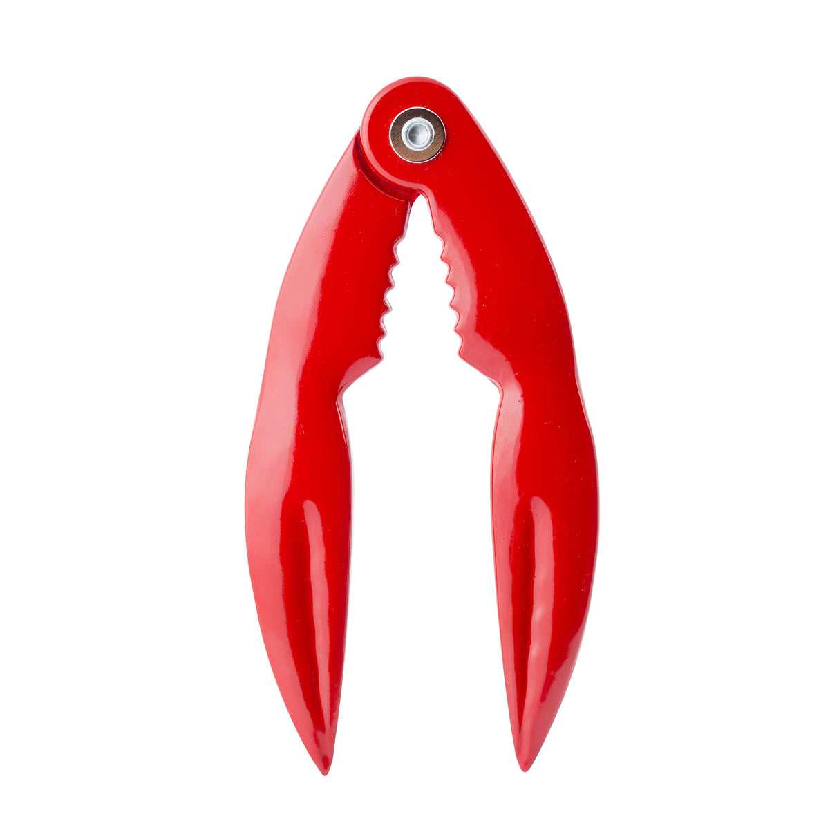 A red enamel nutcracker with curved handles and a serrated gripping area near the hinge, crafted from cast aluminum. Ideal for cracking the shells of nuts or tackling a tough lobster crack, it’s displayed against a white background.