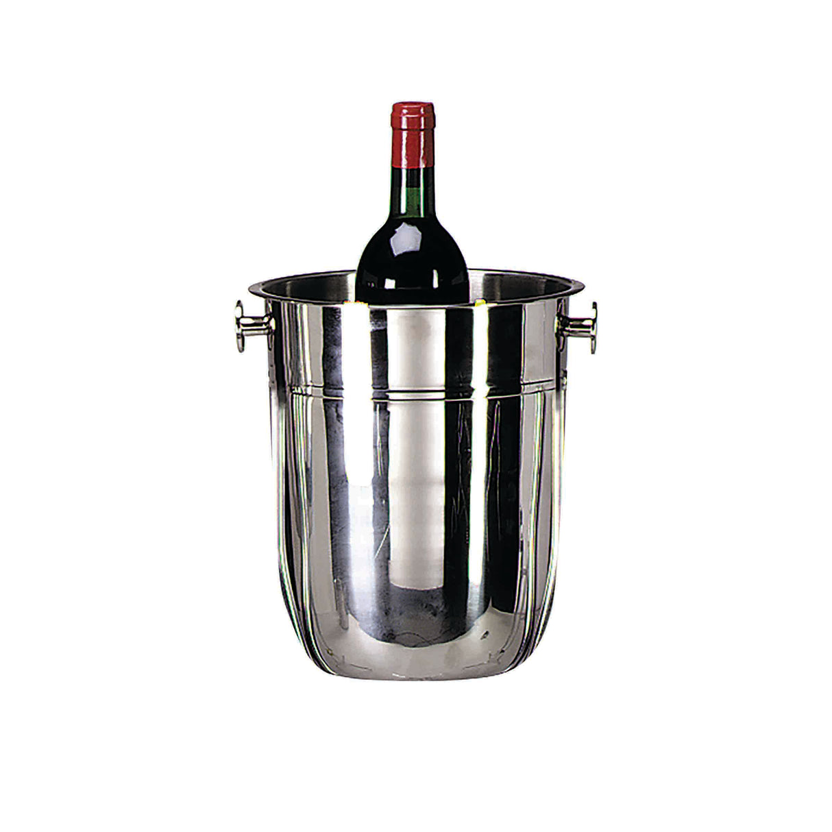 A dark glass wine bottle with a red cap sits upright in a shiny, stainless steel Wine/Champagne Bucket with two side handles, against a plain white background. The reflective bucket is empty except for the bottle.
