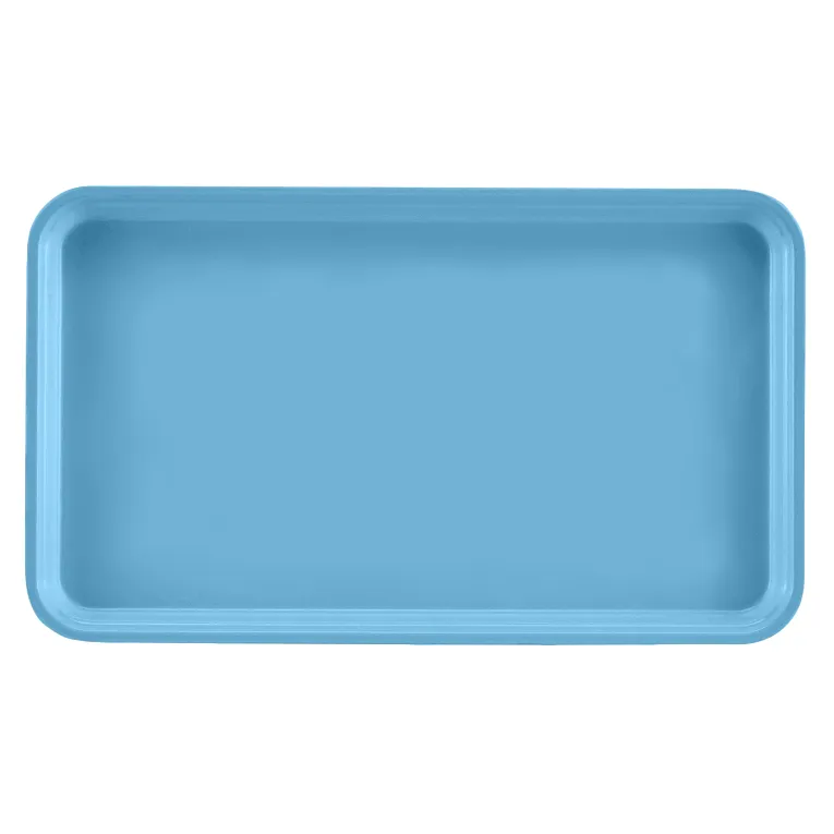 A rectangular, light blue Camtray with slightly raised edges and rounded corners, viewed from above against a plain white background. This high-impact fiberglass tray is empty and has a smooth, matte finish.