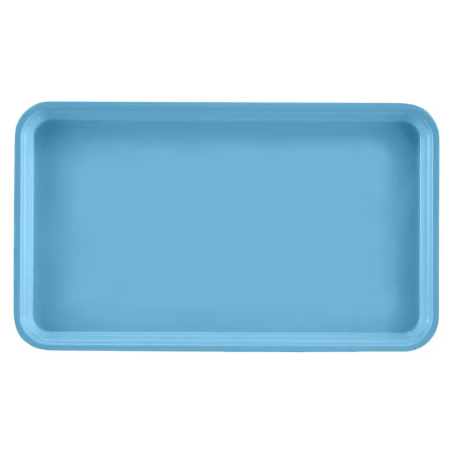 A rectangular, light blue Camtray with slightly raised edges and rounded corners, viewed from above against a plain white background. This high-impact fiberglass tray is empty and has a smooth, matte finish.
