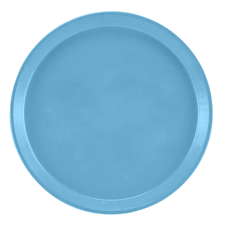 A round, plain blue fiberglass tray with a slightly raised edge, viewed from above against a white background. The smooth-surfaced Serving Camtray is dishwasher safe and has no visible patterns, textures, or markings.