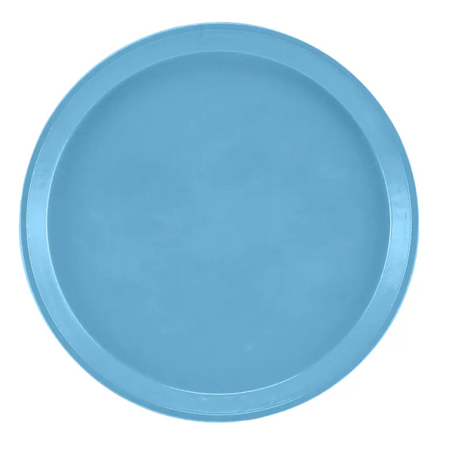 A round, plain blue fiberglass tray with a slightly raised edge, viewed from above against a white background. The smooth-surfaced Serving Camtray is dishwasher safe and has no visible patterns, textures, or markings.
